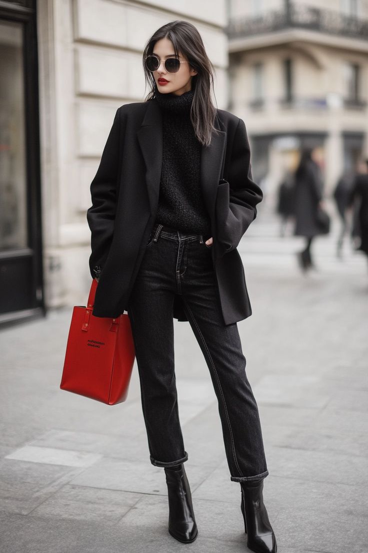 A woman in black jeans and a blazer holds a vibrant red bag, standing confidently against a neutral background