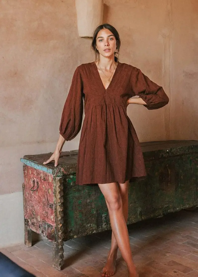 A model showcases a brown dress paired with stylish sandals, highlighting a chic summer look maxi dresses for women in kerala