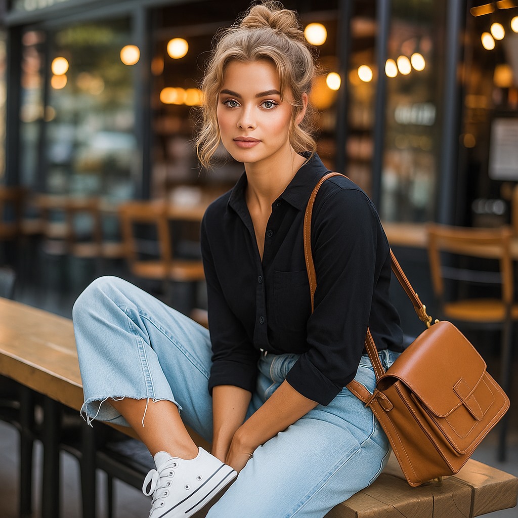 A young woman sitting on a bench outside a coffee shop, smiling and enjoying her surroundings