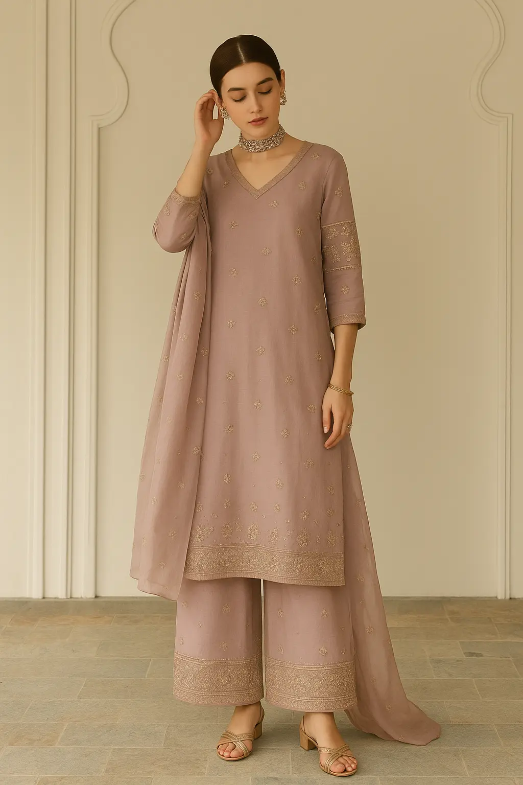 Elegant dusty mauve kurta set featuring delicate golden embroidery on the kurta, wide-leg pants, and dupatta, styled with minimal accessories